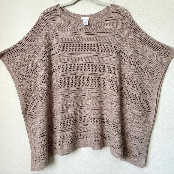 J. Jill Light Open-Stitch Poncho Sweater Cotton Blend Tan Beige sz S-L - Picture 2 of 11